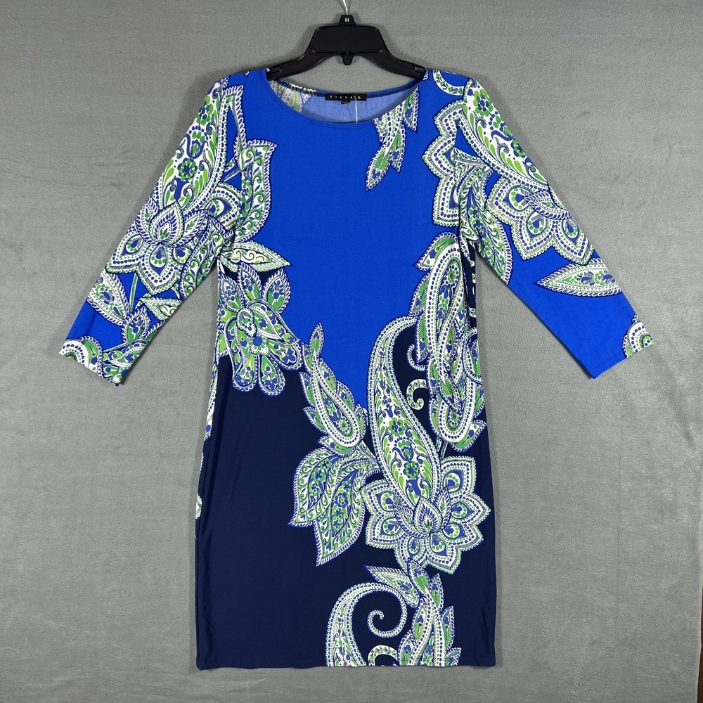 Tiana B. Women's Blue Green Paisley Print Stretch Knit Sheath Dress Size‎ M